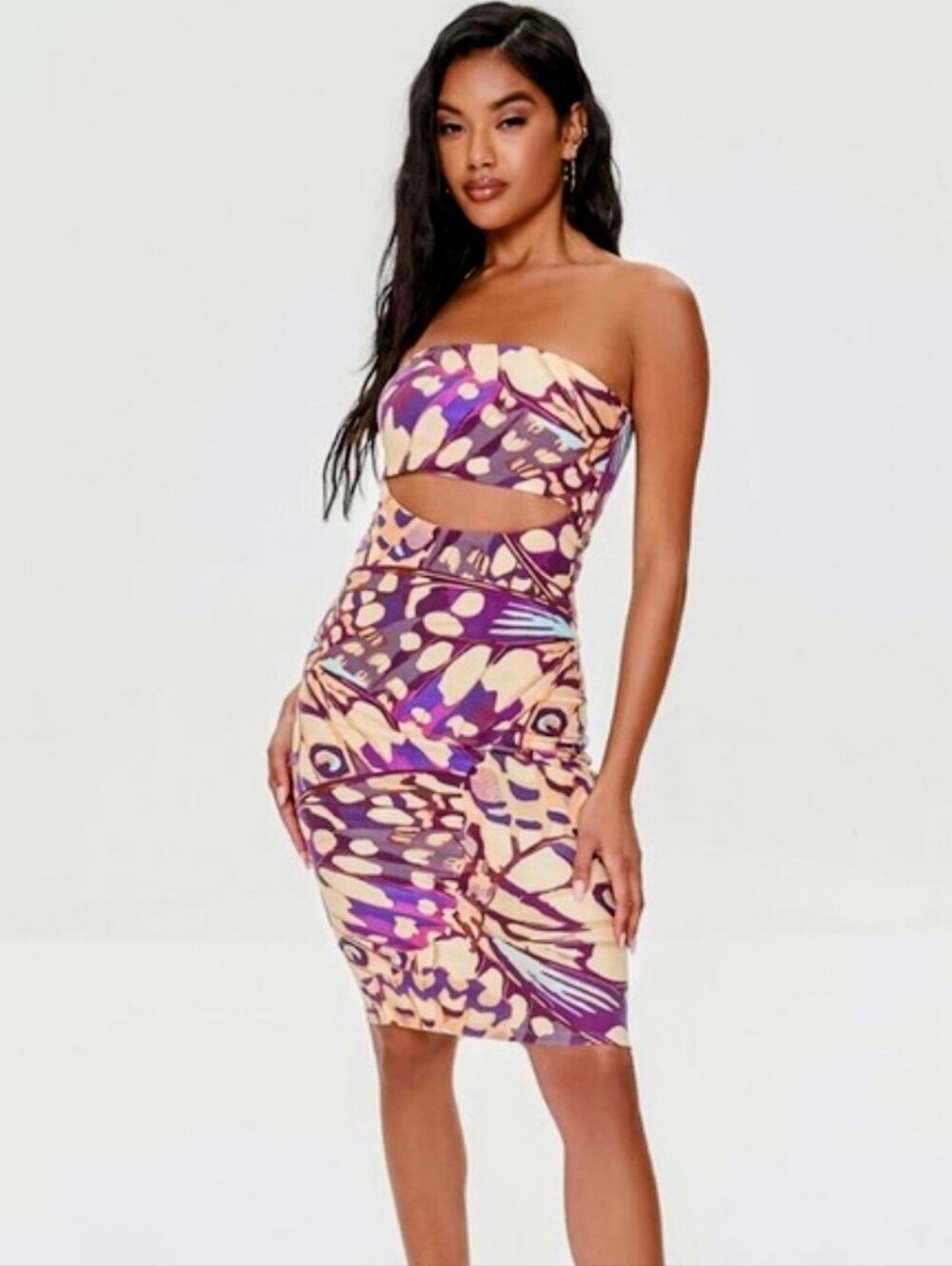 Forever 21 Strapless Butterfly-Print Midi Dress in Purple, Cream and Light Blue